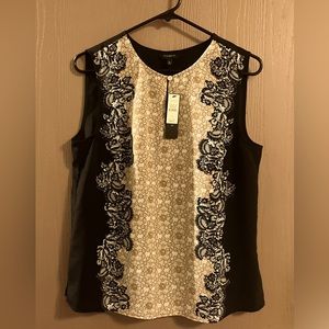 Talbots Silk Tank Women’s Black Brown White Lace Print Keyhole Scoop Neck NWT